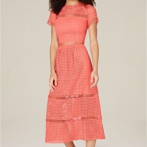 BEBE Coral Orange Crochet Eyelet Midi Cocktail Party Dress Size 6